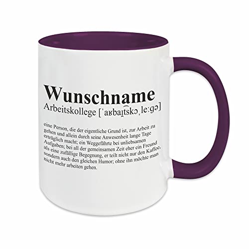 Arbeitskollege Tasse mit Wunsch-Name und Spruch Definition - Kaffeetasse im Wörterbuch-Stil / lila, personalisiert von Watt n KRAM