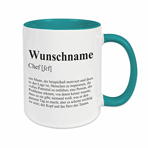 CHEF Tasse mit Wunsch-Name und Spruch Definition - Kaffeetasse im Wörterbuch-Sti/türkis, personalisiert von Watt n KRAM