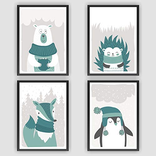 Poster 4er Set - Tiere Eisbär Igel Fuchs Pinguin 21 x 29,7 cm (DIN A4) von Watt n KRAM
