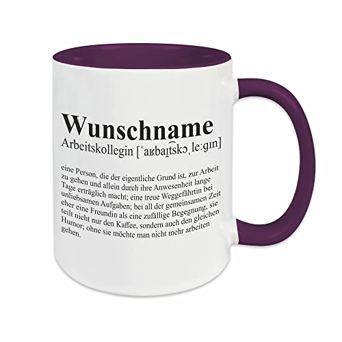 Arbeitskollegin Tasse mit Wunsch-Name und Spruch Definition - Kaffeetasse im Wörterbuch-Stil / lila, personalisiert von Watt n KRAM