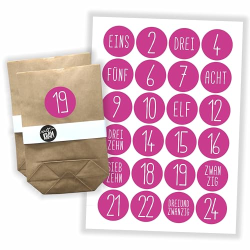 Watt n KRAM Adventskalender Aufkleber Papiertüten-Set zum selbst befüllen und basteln - 24 Sticker pink/inkl. Tüten von Watt n KRAM