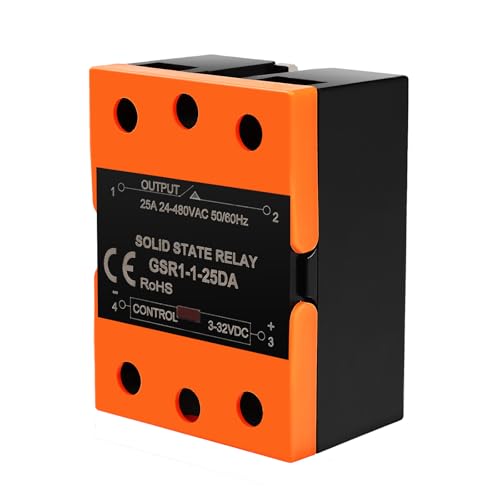 Wattive Solid State Relais 12V 230V Einphasiges Halbleiterrelais SSR-25DA, Nullspannung Einschalten Nullstromabschaltung Relais, Eingang 3-32VDC, Ausgang 24-480VAC, 25A, -20°~75°C von Wattive