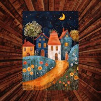 Poster Druck A5/Katze Im Dorf Mondschein Dörfchen Tochter Mit Vater Aquarell Sommerlich Wandbild Wanddekoration Dekoration von Wauziliebe2022