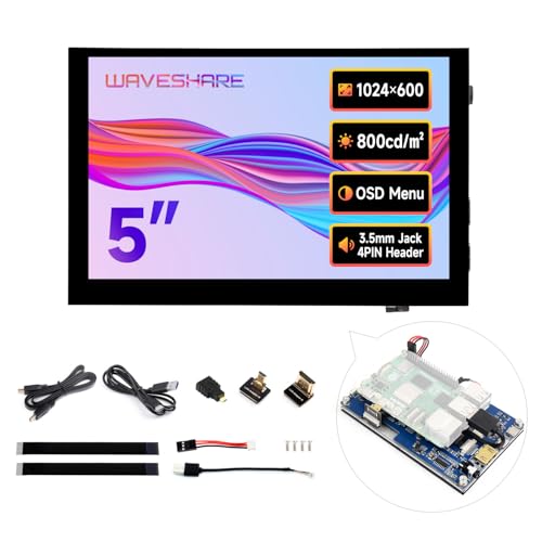 Waveshare 5inch High-Brightness Touch Screen, Compatible with Raspberry Pi 5/4B/3B/Zero W/Zero 2W/Pico W, Supports Windows 11/10 & Jetson Nano, Narrow-Bezel Capacitive Touch 1024x600 HDMI IPS Panel von Waveshare