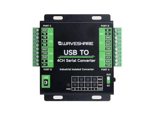 Waveshare Industrial USB to 4-Ch Serial Converter, Original FT4232HL Chip, Supports USB to RS232/485/422/TTL, Multiple Devices Applicable, Multi-OS Compatible von Waveshare