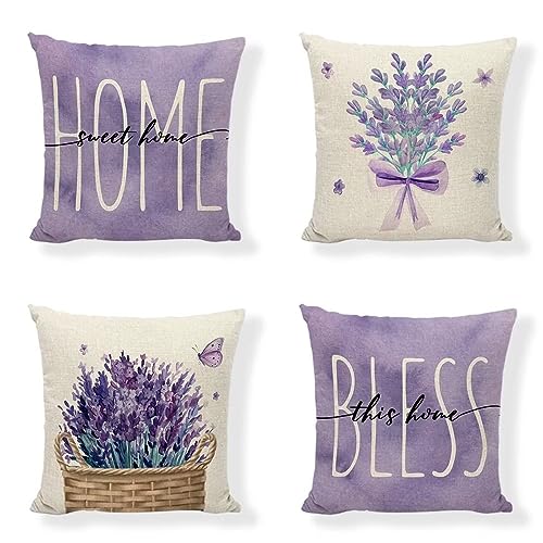 4er Set Lila Kissenbezug 60x60 cm mit Lavendel Muster Design, Soft Beidseitig Kissenbezüge Quadratische Kissenhülle für Wohnräume Sitzgelegenheiten, Betten und Stühle Dekokissen Mit Reißverschluss von Waxonle