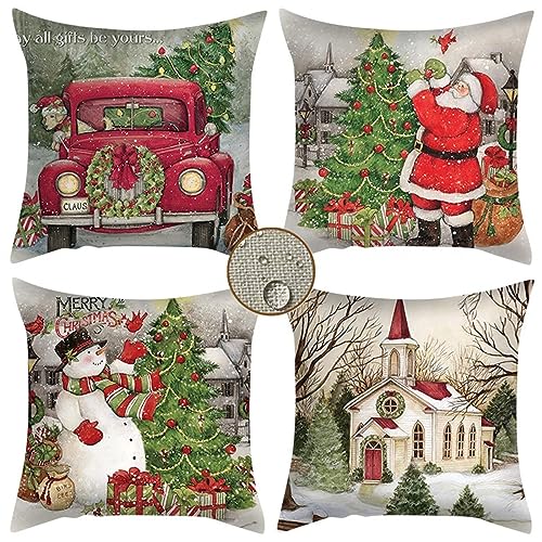 Kissenbezüge 30x30 cm 4er Set Weihnachten Outdoor Kissen Winter Sofakissen Deko Kopfkissen Wasserfest Linen Zierkissen Quadratische Kissenhülle für Gartenmöbel Sofa Bett Auto Terrasse Schlafzimmer von Waxonle