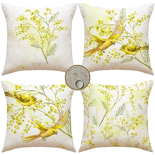 Kissenbezüge 40x40 cm 4er Set Vogel Outdoor Kissen Gelb Sofakissen Dekokissen Kopfkissen Wasserfest linen Zierkissen Quadratische Kissenhülle für Gartenmöbel Sofa Couch Bett Auto Terrasse Schlafzimmer von Waxonle