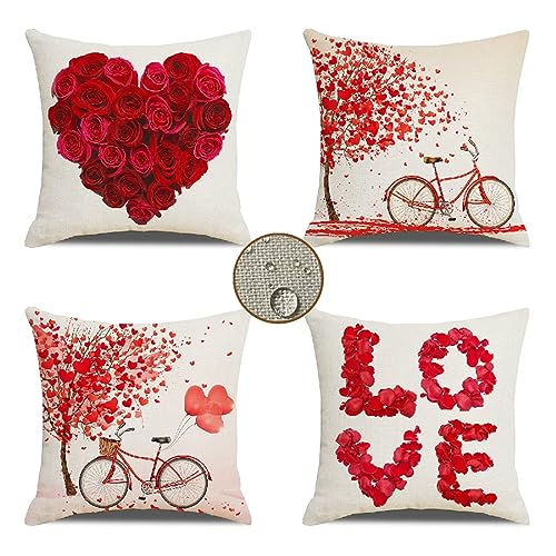 Kissenbezüge 45x45 cm 4er Set Liebe Outdoor Kissen Rot Sofakissen Dekokissen Kopfkissen Wasserfest Linen Zierkissen Quadratische Kissenhülle für Gartenmöbel Sofa Couch Bett Auto Terrasse Schlafzimmer von Waxonle