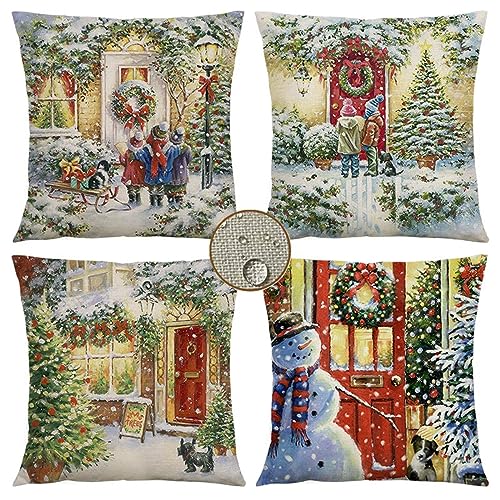 Kissenbezüge 50x50 cm 4er Set Weihnachten Outdoor Kissen Schlitten Sofakissen Deko Kopfkissen Wasserfest Linen Zierkissen Quadratische Kissenhülle für Gartenmöbel Sofa Bett Auto Terrasse Schlafzimmer von Waxonle