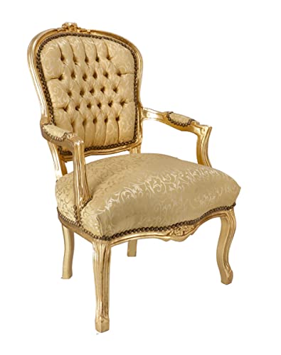 Way Home Store - Sessel Luis im französischen Stil Louis XVI, Farbe Gold und Stoff, Farbe Gold mit gestickten Blättern - Sessel aus robustem und robustem Holz - Maße: 63 x 65 x 94 von Way Home Store