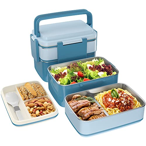 WayEee Bento Box, Lunchbox Erwachsene mit Edelstahlfach, Brotdose Auslaufsicher 1500ml Volumen, BPA Frei, Lange Frisch Halten (Blau) von WayEee