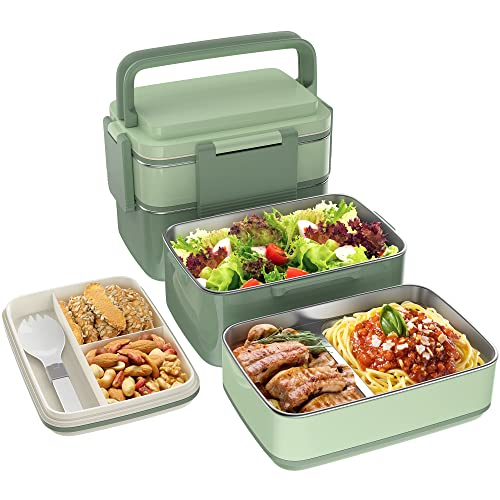 WayEee Bento Box, Lunchbox Erwachsene mit Edelstahlfach, Brotdose Auslaufsicher 1500ml Volumen, BPA Frei, Lange Frisch Halten (Grün) von WayEee