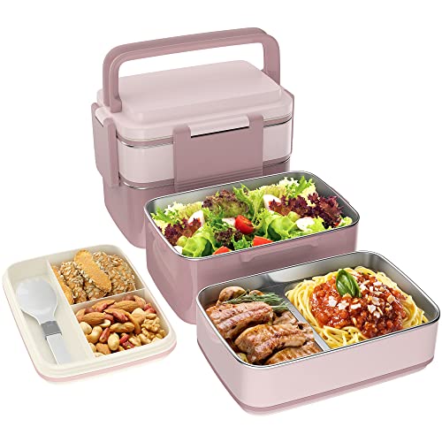 WayEee Bento Box, Lunchbox Erwachsene mit Edelstahlfach, Brotdose Auslaufsicher 1500ml Volumen, BPA Frei, Lange Frisch Halten (Rosa) von WayEee