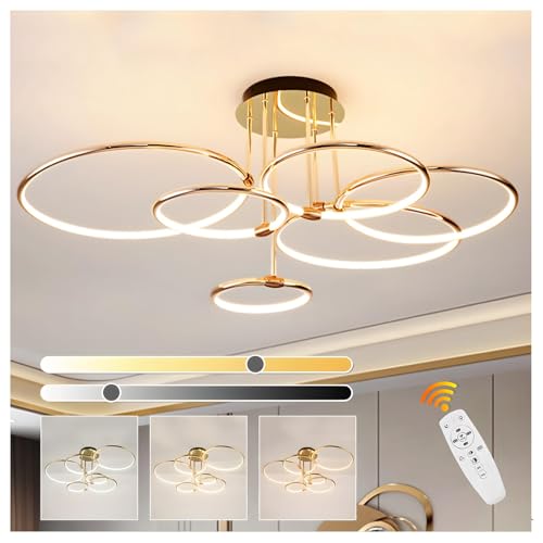 6 Ring Gold Led Deckenleuchte , Ø105cm | 145W Kronleuchter Stufenlos Dimmbar, Kreative Metallgalvanik Pendelleuchte, Moderne Lampe Für Schlafzimmer, Wohnzimmer, Kinderbüro Arbeitszimmer Küche von WayLuoung