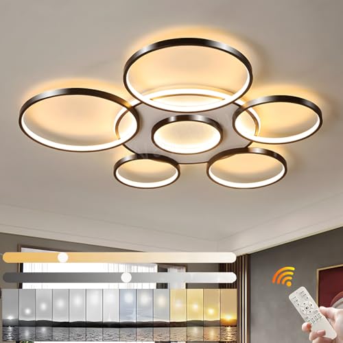 LED Deckenleuchte | Moderne 7-Ringe Wohnzimmer Deckenleuchte | Schwarz Runder Kreis 120W/Ø110cm | Schlafzimmer Deckenleuchten | 2700K-6500K Dimmbar Mit Fernbedienung | Restaurant Innendeckenleuchte von WayLuoung