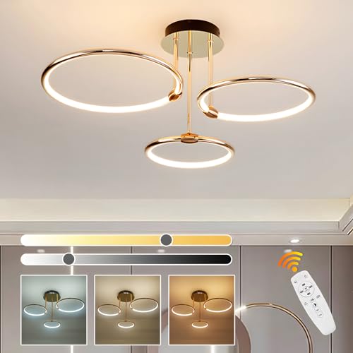 WayLuoung 3 Ring Gold Led Deckenleuchte, Ø56cm | 60W Kronleuchter Stufenlos Dimmbar, Kreative Metallgalvanik Pendelleuchte, Moderne Lampe Für Schlafzimmer, Wohnzimmer, Kinderbüro Arbeitszimmer Küche von WayLuoung