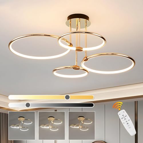 WayLuoung 4 Ring Gold Led Deckenleuchte, Ø75cm | 85W Kronleuchter Stufenlos Dimmbar, Kreative Metallgalvanik Pendelleuchte, Moderne Lampe Für Schlafzimmer, Wohnzimmer, Kinderbüro Arbeitszimmer Küche von WayLuoung