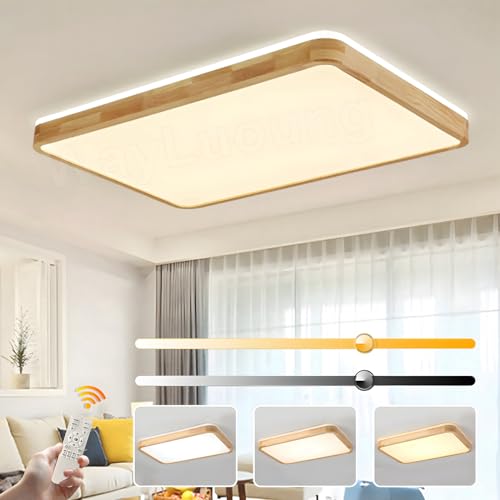 WayLuoung Holz LED Deckenleuchte | 90 * 65cm 3000-6000K 100W | Rechteckige 360° Leuchtende Natürliche Holzlampe, Schlafzimmer Wohnzimmer Kinderzimmer Küche Esszimmer (Dimmbar Mit Fernbedienung) von WayLuoung