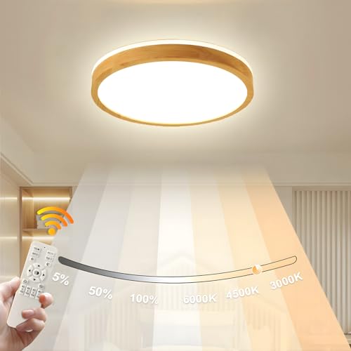 WayLuoung Holz LED Deckenleuchte | Ø40cm 3000-6000K 30W | Runden Oberseite, 360° Leuchtende Natürliche Holzlampe, Schlafzimmer Wohnzimmer Kinderzimmer Küche Esszimmer (Dimmbar Mit Fernbedienung) von WayLuoung