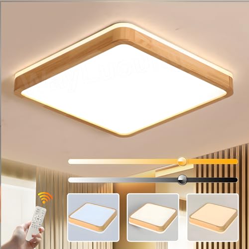 WayLuoung Holz LED Deckenleuchte | Ø50cm 3000-6000K 36W | Quadratische Oberseite, 360° Leuchtende Natürliche Holzlampe, Schlafzimmer Wohnzimmer Kinderzimmer Küche Esszimmer (Dimmbar Mit Fernbedienung) von WayLuoung