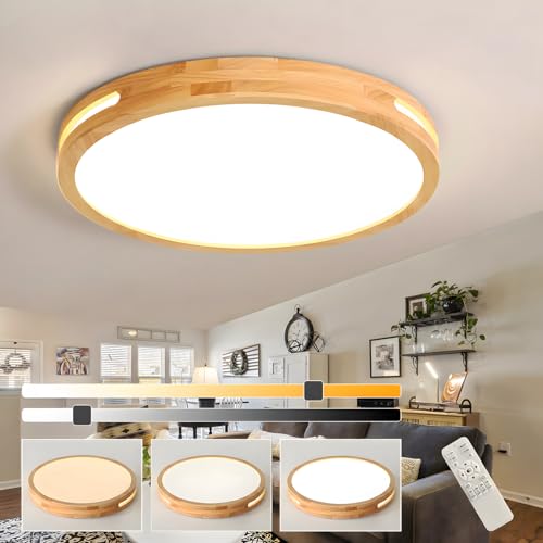 WayLuoung Holz-LED-Deckenleuchte | Ø50cm 3000-6000K 36W | Runde Natürliche Holz-Deckenleuchte Kunst-Hohl-Design Schlafzimmer Wohnzimmer Kinderzimmer Küche, Esszimmer Zuhause(Dimmbar Mit Fernbedienung) von WayLuoung