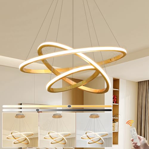 WayLuoung Holz LED Kronleuchter, Deckenleuchte, Dimmbare 3 Ring Holzleuchte, Verstellbare Kreis Pendelleuchte Kücheninsel Esszimmer Wohnzimmer Foyer Zum Aufhängen 【20+40+60cm】 von WayLuoung