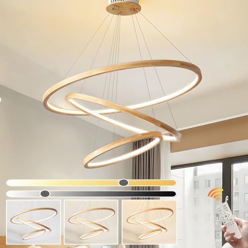 WayLuoung Holz LED Kronleuchter, Deckenleuchte, Dimmbare 3 Ring Holzleuchte, Verstellbare Kreis Pendelleuchte Kücheninsel Esszimmer Wohnzimmer Foyer Zum Aufhängen 【30+50+70cm】 von WayLuoung