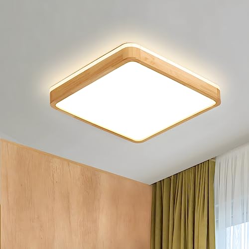 WayLuoung LED-Deckenleuchte Aus Holz | Ø30cm 3000K 1620Lm 18W | Deckenleuchte Mit Quadratischer Oberseite, 360° Leuchtendes Naturholz, Schlafzimmer, Wohnzimmer, Kinderzimmer Küche Esszimmer (Warmweiß) von WayLuoung