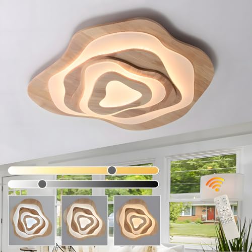 WayLuoung LED-Deckenleuchte Aus Holz | Ø80cm 65W 5500lm | 3000K-6000K Dimmbar Mit Fernbedienung, Moderne Wolkenlampe Aus Natürlichem Holz + Acryl, Wohnzimmer, Kinderzimmer, Küche, Esszimmer, Heimbüro von WayLuoung