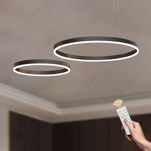 WayLuoung Metall LED Kronleuchter | 2 Kreise 40+60cm | 40W Rings Deckenhängelampe, Dimmbare Fernbedienung 3000–6000K, Acryl Schirm Pendelleuchte, Wohnzimmer Schlafzimmer Foyer Esszimmer【Schwarz】 von WayLuoung