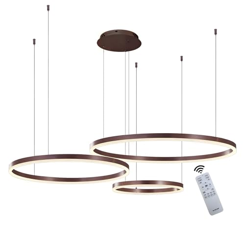 WayLuoung Metall LED Kronleuchter | 3 Kreise 20+40+60cm | 45W Rings Deckenhängelampe, Dimmbare Fernbedienung 3000–6000K, Acryl Schirm Pendelleuchte, Wohnzimmer Schlafzimmer Foyer Esszimmer【Braun】 von WayLuoung