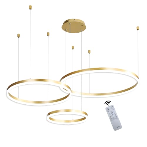 WayLuoung Metall LED Kronleuchter | 3 Kreise 20+40+60cm | 45W Rings Deckenhängelampe, Dimmbare Fernbedienung 3000–6000K, Acryl Schirm Pendelleuchte, Wohnzimmer Schlafzimmer Foyer Esszimmer【Gold】 von WayLuoung