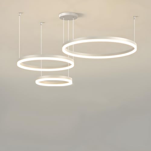 WayLuoung Metall LED Kronleuchter | 3 Kreise 20+40+60cm | 45W Rings Deckenhängelampe, Dimmbare Fernbedienung 3000–6000K, Acryl Schirm Pendelleuchte, Wohnzimmer Schlafzimmer Foyer Esszimmer【Weiß】 von WayLuoung