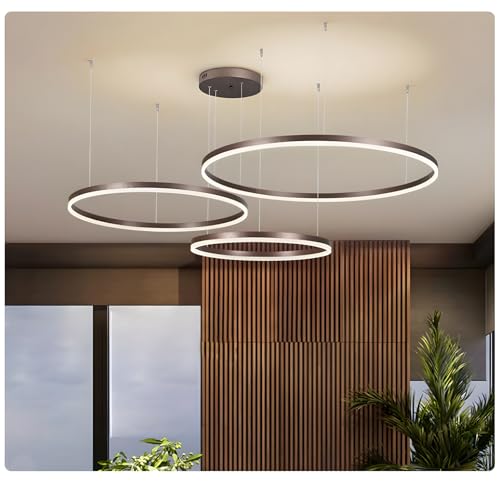 WayLuoung Metall LED Kronleuchter | 3 Kreise 60+80+100cm | 108W Rings Deckenhängelampe, Dimmbare Fernbedienung 3000–6000K, Acryl Schirm Pendelleuchte, Wohnzimmer Schlafzimmer Foyer Esszimmer【Braun】 von WayLuoung