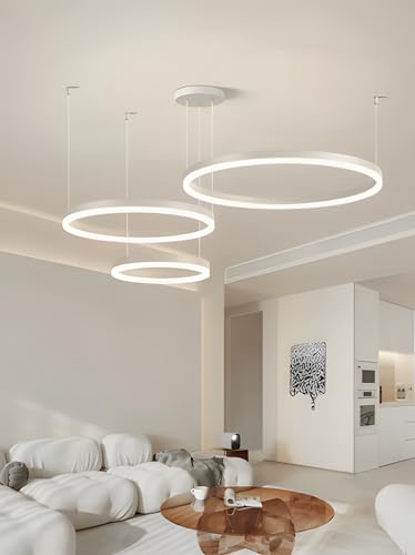 WayLuoung Metall LED Kronleuchter | 3 Kreise 60+80+100cm | 108W Rings Deckenhängelampe, Dimmbare Fernbedienung 3000–6000K, Acryl Schirm Pendelleuchte, Wohnzimmer Schlafzimmer Foyer Esszimmer【Weiß】 von WayLuoung