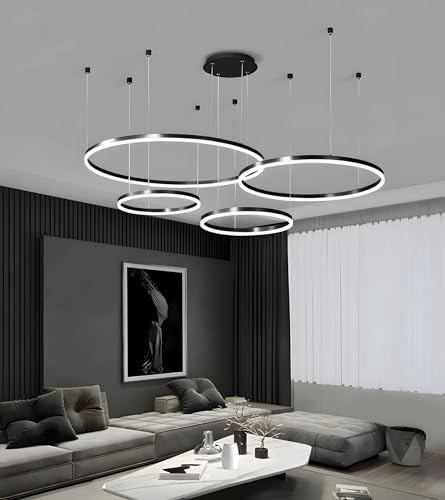 WayLuoung Metall LED Kronleuchter | 4 Kreise 20+40+60+80cm | 100W Rings Deckenhängelampe, Dimmbare Fernbedienung 3000–6000K Acryl Schirm Pendelleuchte, Wohnzimmer Schlafzimmer Foyer Esszimmer【Schwarz】 von WayLuoung