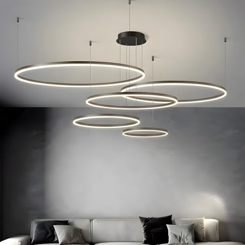WayLuoung Metall LED Kronleuchter | 5 Kreise 20+40+60+80+100cm | 130W Rings Deckenhängelampe, Dimmbare Fernbedienung 3000–6000K, Acryl Schirm Pendelleuchte, Wohnzimmer Schlafzimmer Esszimmer【Schwarz】 von WayLuoung
