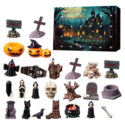 24pcs Halloween Mini Figuren Adventskalender Kreative Miniatur Schädel Köpfe Krähe Grabstein Szene Ornamente Set Horror Village Kollektionen Adventskalender Harz Handwerk für Party Favors (1pcs) von Waycin