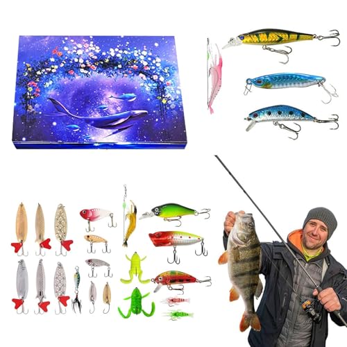 Fishing Adventskalender 2025, 24 Tage Fischköder Weihnachten Countdown Kalender, Countdown bis Weihnachten Angelköder Set für Fisher Erwachsene Männer Teen Boys (Blau-3) von Waycin
