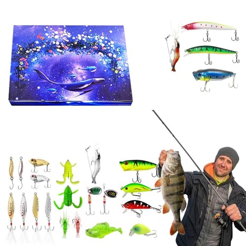 Fishing Adventskalender 2025, 24 Tage Fischköder Weihnachten Countdown Kalender, Countdown bis Weihnachten Angelköder Set für Fisher Erwachsene Männer Teen Boys (Blau-4) von Waycin