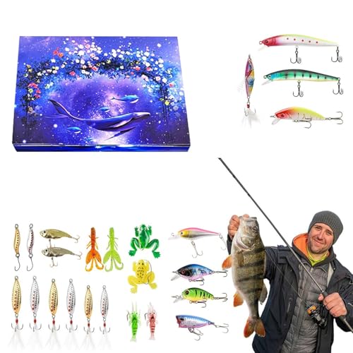 Fishing Adventskalender 2025, 24 Tage Fischköder Weihnachten Countdown Kalender, Countdown bis Weihnachten Angelköder Set für Fisher Erwachsene Männer Teen Boys (Blau-5) von Waycin