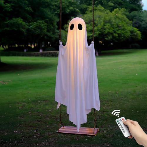 Halloween-Dekorationen für den Außenbereich – 1,5 m große hängende Schaukel Geist Halloween-Dekoration mit Lichterkette – gruselige niedliche Geister Dekorationen für Veranda, Hof, Baum (weiß) von Waycin