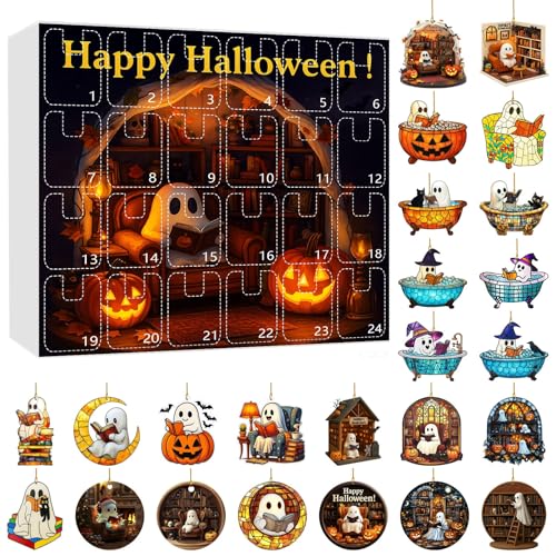Halloween Lesegeist Ornamente Adventskalender, 2D Halloween Lesegeist Ornament Set, Mystery Countdown bis Halloween mit Türen, Flach Hängende Dekor für Zuhause, Party, Klassenzimmer (A) von Waycin