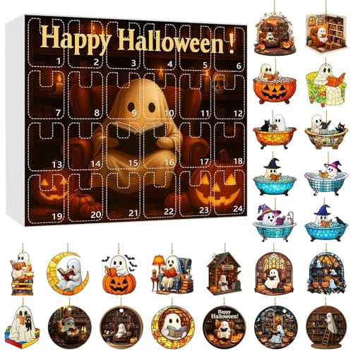 Halloween Lesegeist Ornamente Adventskalender, 2D Halloween Lesegeist Ornament Set, Mystery Countdown bis Halloween mit Türen, Flach Hängende Dekor für Zuhause, Party, Klassenzimmer (B) von Waycin