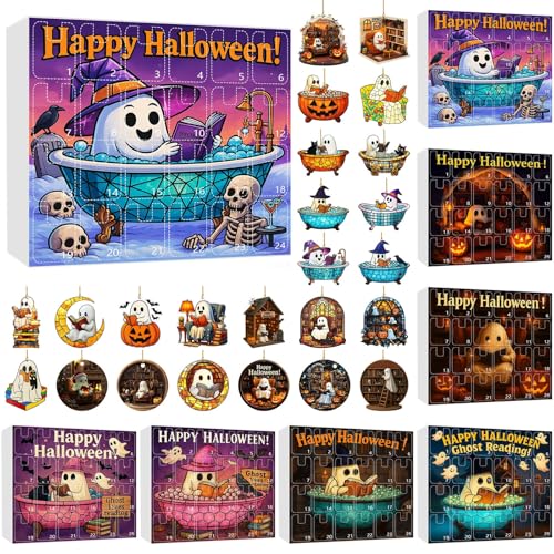 Halloween Lesegeist Ornamente Adventskalender, 2D Halloween Lesegeist Ornament Set, Mystery Countdown bis Halloween mit Türen, Flach Hängende Dekor für Zuhause, Party, Klassenzimmer (F) von Waycin