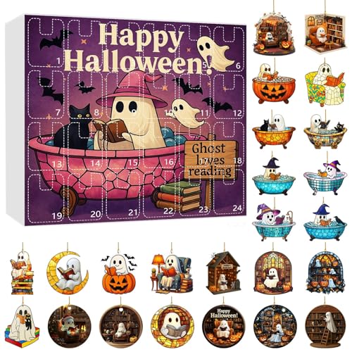 Halloween Lesegeist Ornamente Adventskalender, 2D Halloween Lesegeist Ornament Set, Mystery Countdown bis Halloween mit Türen, Flach Hängende Dekor für Zuhause, Party, Klassenzimmer (G) von Waycin