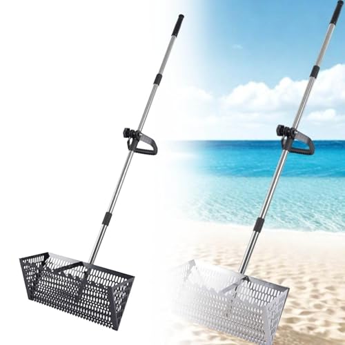 Sand-Flohrechen, Edelstahl, Strandsandsieb mit 39,8 cm großem Haifischzahn, breiter Korb, abnehmbarer langer Griff, Rechen für Strand (B-Set) von Waycin