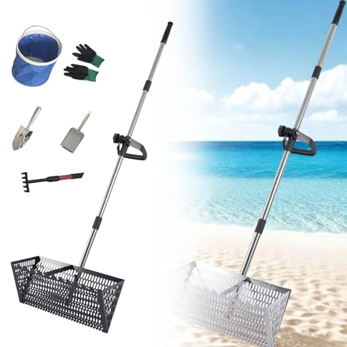 Sand-Flohrechen, Edelstahl, Strandsandsieb mit 39 cm großem Haifischzahnkorb, abnehmbarer langer Griff, Rechen für Strand (C-Set) von Waycin