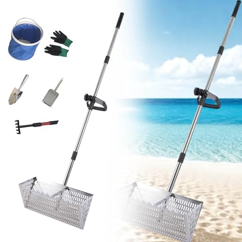 Sand-Flohrechen, Edelstahl, Strandsandsieb mit 39 cm großem Haifischzahnkorb, abnehmbarer langer Griff, Rechen für Strand (D-Set) von Waycin
